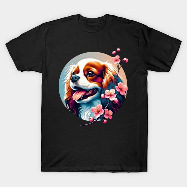 Joyful English Toy Spaniel with Spring Cherry Blossoms T-Shirt by ArtRUs